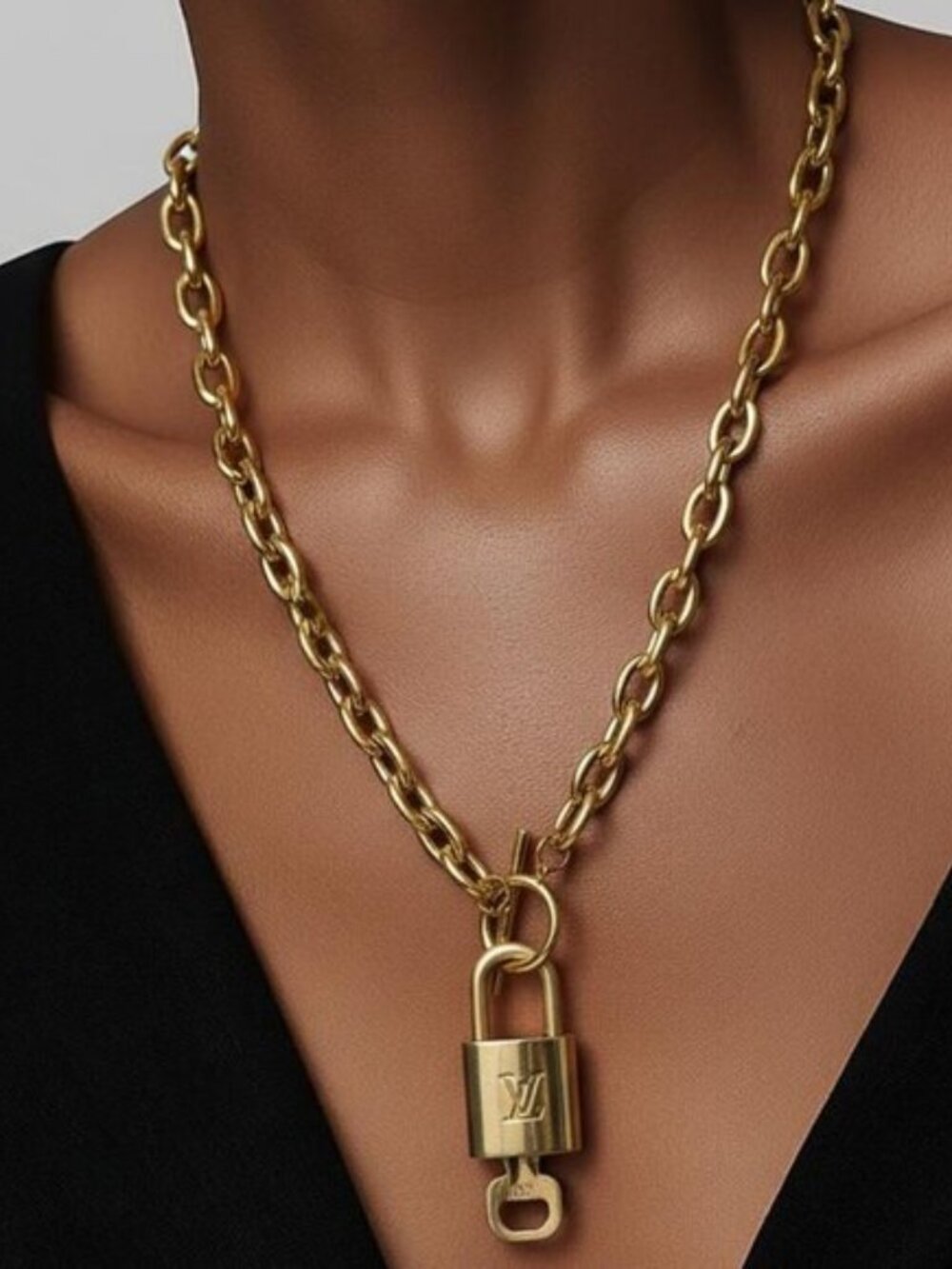 Authentic Louis Vuitton Gold Padlock w/Unbranded Stainless Steel Chain Necklace